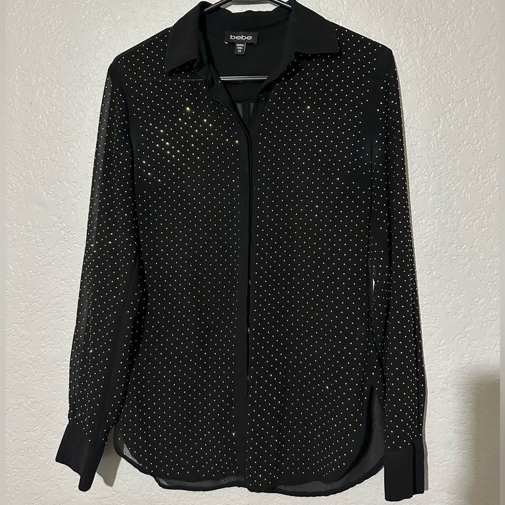 Bebe Gold Studded Sheer Black top. XS